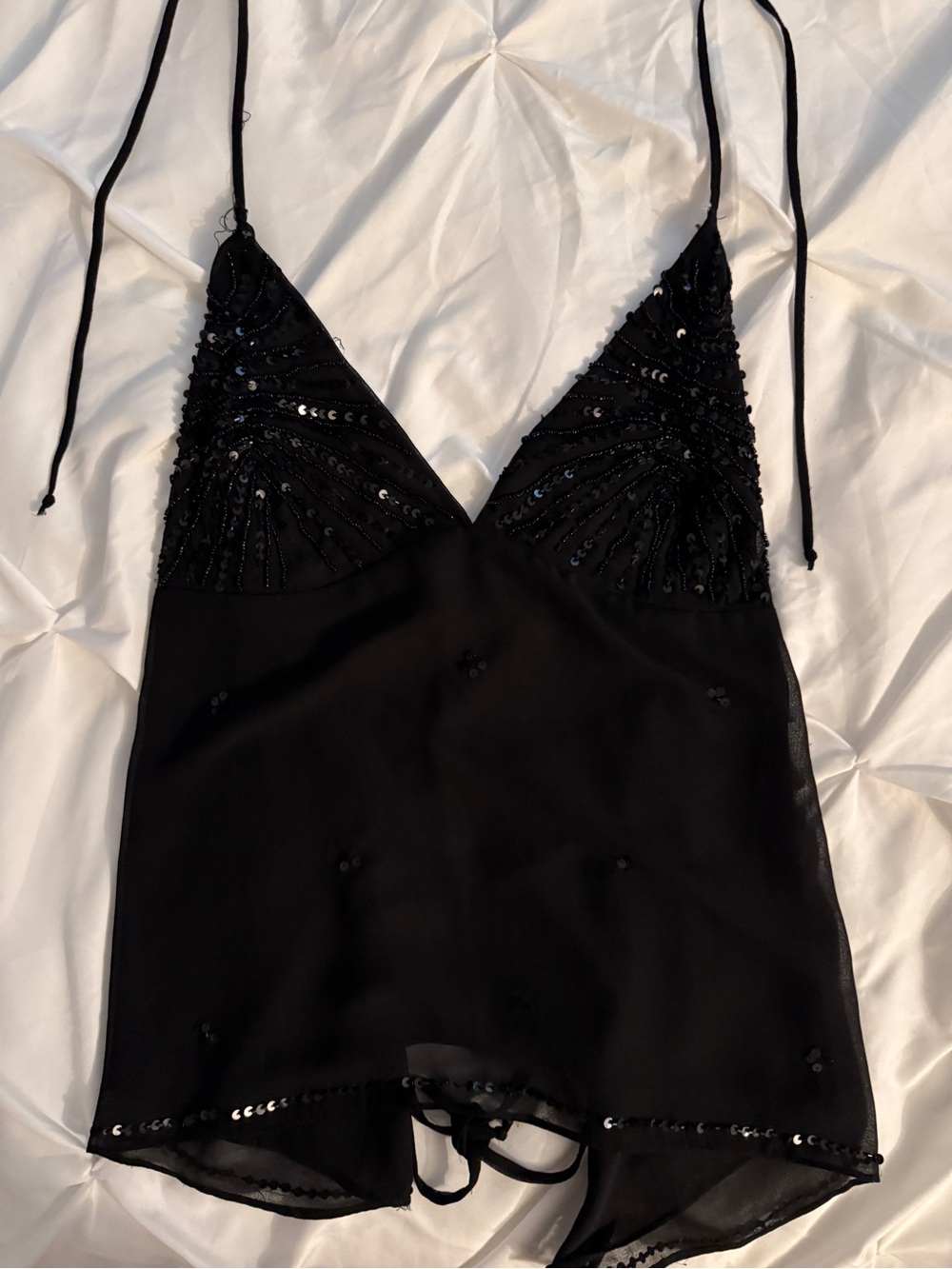 Beaded Black Rayon Sequined Chiffon Halter Cami Top